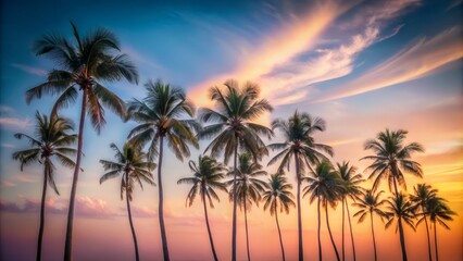 Obraz premium Serene Minimalist View of Coconut Trees Against a Soft Afternoon Sky Capturing Tranquility and Nature's Beauty in a Simple Yet Elegant Composition