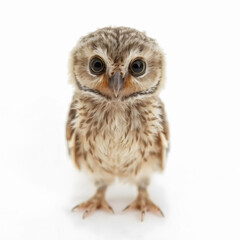 Obraz premium Little owl isolated on a white background. Studio shot with shallow depth of field