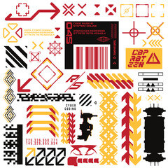 Obraz premium cyberpunk y2k 2000s gaming futuristic icon pattern set collection template hud for branding fashion t-shirt decoration decals, 2d illustration rendering vector 