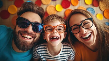 Happy family portrait with a boy, smiling joyfully in vibrant glasses against a colorful backdrop.