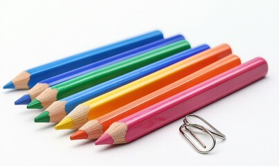 Fototapeta premium Colored pencils and paper clips