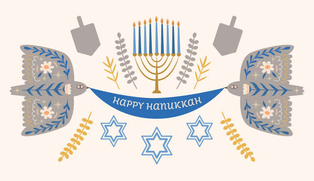 Hanukkah holiday concept, greeting card. Folk bird, flowers, dreidel, star of David and plants. Hand drawing vector illustration for holiday design.