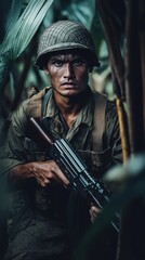 Obraz premium Intense male soldier in camouflage gear, ready for action amidst dense foliage.