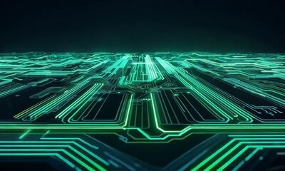 Digital Highway: Glowing teal and green circuit board pathways stretch into the digital horizon. Abstract technology background with glowing lines.  