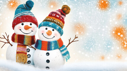 Cheerful snowmen adorned with colorful hats and scarves, set against a bright winter backdrop, perfect for festive themes.