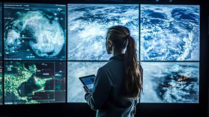  Researcher studying climate change data on multiple screens1