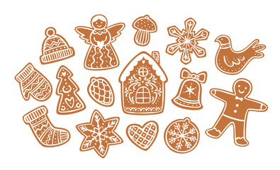 Christmas gingerbread cookies set. Holiday homemade xmas bakery in various shapes. Flat vector illustrations collection isolated on white background