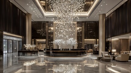 A Luxurious Hotel Entrance with a Stunning Chandelier and Elegant Design 