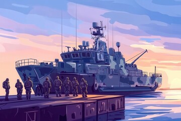 Fototapeta premium Military ship docked at pier. A perfect illustration for a news story or article about the navy or military.
