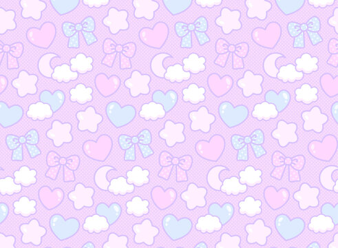 リボンとハートと星の可愛いシームレスなパターン背景