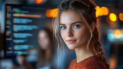Female software engineer writing code on a whiteboard with colleagues discussing in the background, set in an open business workspace