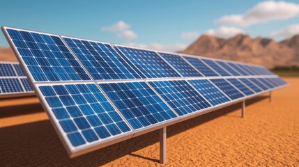 Solar Panels in Desert Landscape Under Clear Blue Sky