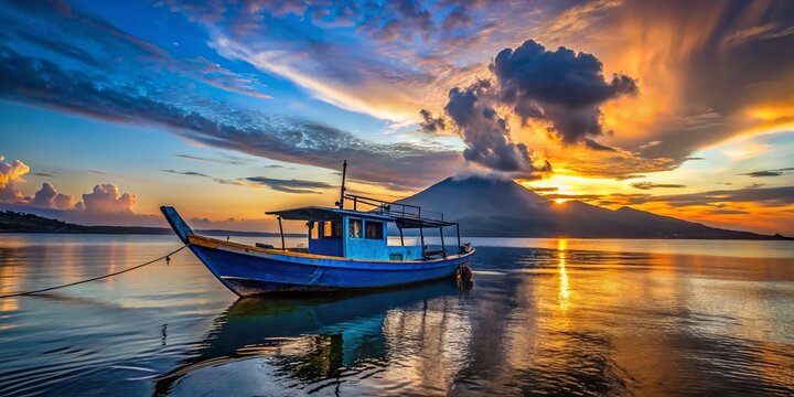 Silhouette of a Blue Boat Ready to Sail from Ternate to Tidore at Sunset, Capturing the Essence of Maritime Adventure in a Tropical Paradise