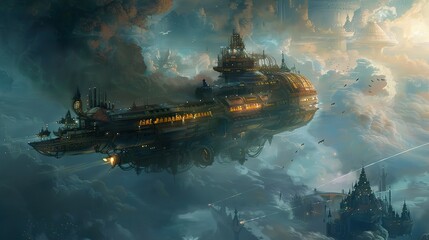 Steampunk Airship Soaring Above a Fantasy Cityscape
