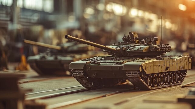A military tank factory produces heavy equipment, illustrating defense manufacturing.