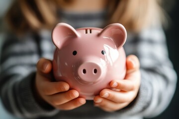 Obraz premium Child holding a pink piggy bank. A child saving their money for the future.