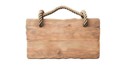 Rectangular wooden sign with rope hanger on transparent background
