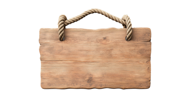 Rectangular wooden sign with rope hanger on transparent background