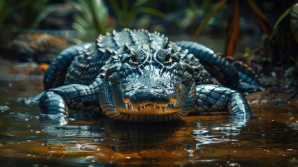 Obraz premium An alligator in a natural habitat, surrounded by swamp vegetation and water.