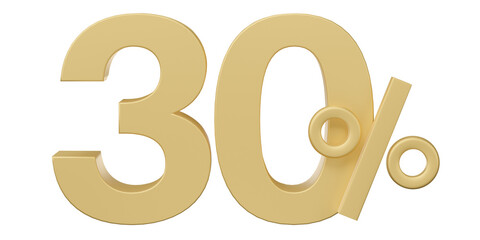30% off on sale. Gold percent isolated on transparent background. Discount on sale for advertising. 3d rendering.