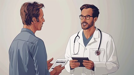 A caring doctor listens attentively as a patient explains their symptoms. The doctor holds a tablet displaying the patient’s medical records, prepared to offer advice and treatment options