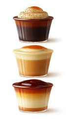 Three layered desserts with caramel, custard, and chocolate are arranged in a vertical stack