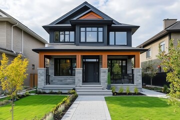 Modern house with striking orange accents, landscaped yard, and stone facade