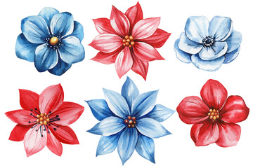 Winter botanical watercolor set with colorful flowers, frosty blue flora. Holiday flower. Elegant Christmas decorations