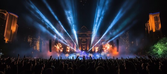 Live Music Concert at Night with Crowds. Festive Music Culture and Entertainment Performance Event.