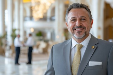 Friendly Hotel Manager Welcoming Guests in Lobby