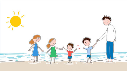 Obraz premium Family in water, children’s drawing, summer day