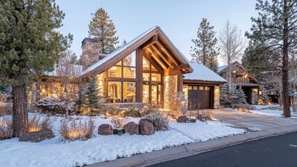 A beautiful snowy mountain home with log architecture, surrounded by trees, creating a cozy winter atmosphere.