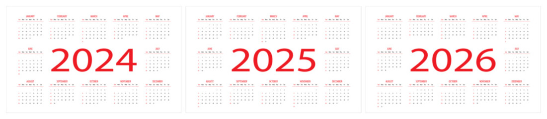 Pocket calendars for 2024 2025 2026, week starts from sunday, vector illustration