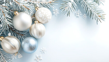 Fototapeta premium Celebrate a merry christmas with a beautiful background of snow-covered pine branches and festive ornaments