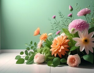 Bouquet of flowers on green background with space.