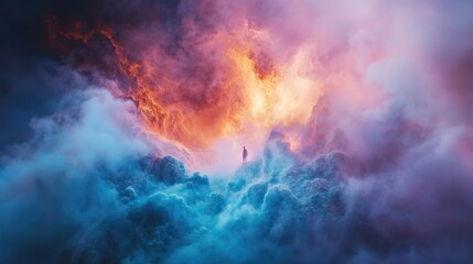 Hiker at Turquoise Crater Lake with Dramatic Clouds