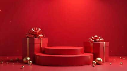Gifting with Elegance, mockup red-themed podium presenting cosmetics as elegant Christmas gifts, combining beauty, festivity