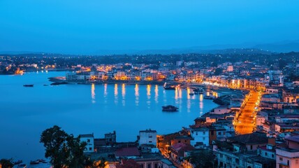 Obraz premium A serene waterfront view at dusk, featuring illuminated buildings and calm waters reflecting city lights, creating a tranquil urban atmosphere.