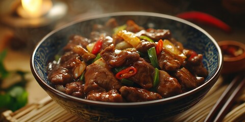 Flavorful beef and vegetable stir-fry, served hot and spicy, delivering a taste adventure filled with zest.