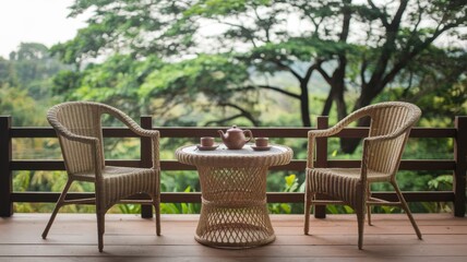 Relaxing Tea Break on a Wicker Patio with Stunning Views
