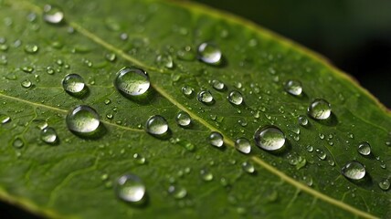 Macro shot capturing a single water droplet on a detailed leaf pattern.