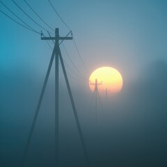 Silhouetted Power Lines Against Misty Sunset
