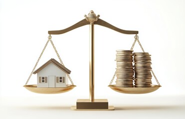 A scale balancing a model house and a stack of coins, symbolizing real estate value.