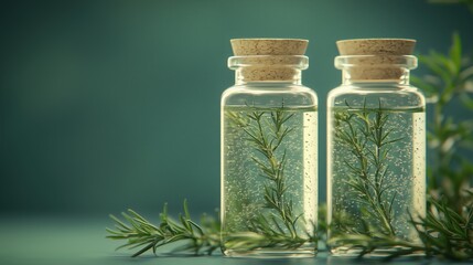 Two glass vials with rosemary sprigs and tiny bubbles in clear liquid, on a green background.