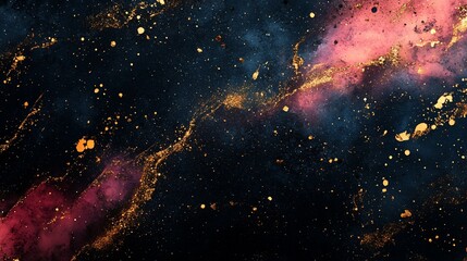 Abstract background with pink and blue clouds, gold glitter, and a dark blue background.