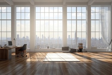Modern office with city view. Perfect for showcasing a product, service, or brand.