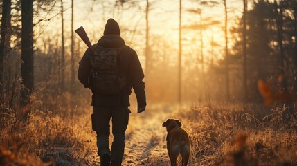 A hunter walks in a golden forest at sunset with his loyal dog on a crisp autumn evening in the wilderness