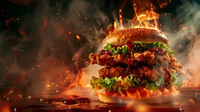 A delicious zinger burger stacked high with crispy chicken, fresh lettuce, and spicy sauce, surrounded by a smoky atmosphere