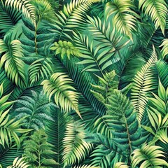 Create stunning seamless patterns featuring intertwining green ferns and tropical leaves for a vibrant nature aesthetic