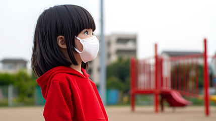 Fototapeta premium A young girl in a red hoodie wearing a mask stands at a playground, emphasizing safety and health awareness.